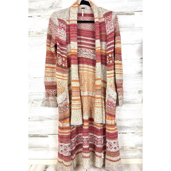 Free People Women’s S Orange Cream Yesterdays Smile Boho Maxi Knit Cardigan Rare - Picture 2 of 7